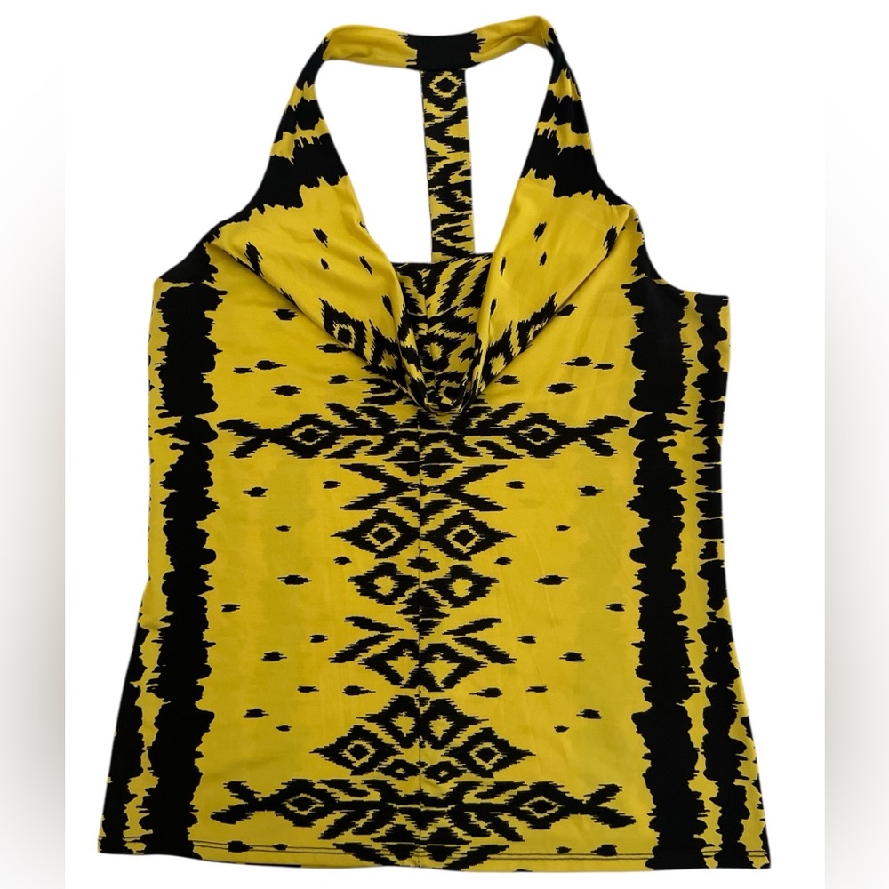 INC International Concepts Yellow and Black Patterned Drapey Neck/T-Back Top Lg